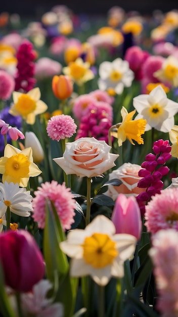 Una impresionante fotografía de cerca de un vibrante jardín de flores con una variedad de flores coloridas