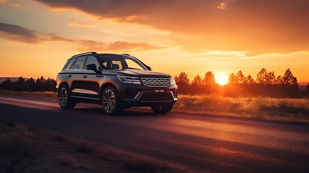 Impresionante fotografía de coches al atardecer, tomada en un ángulo bajo realista a 8k.