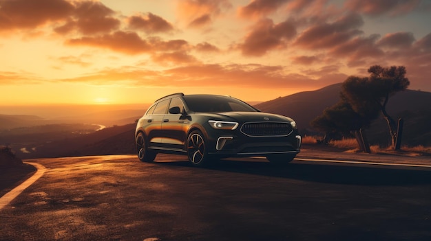 Impresionante fotografía de coches al atardecer, tomada en un ángulo bajo realista a 8k.