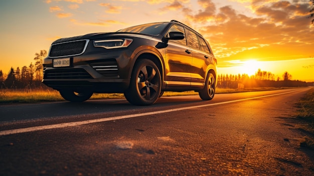 Impresionante fotografía de coches al atardecer, tomada en un ángulo bajo realista a 8k.