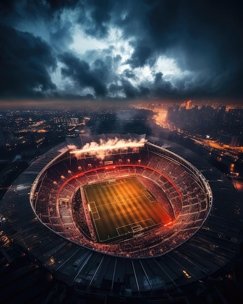 Impresionante fotografía de un estadio de fútbol en llamas