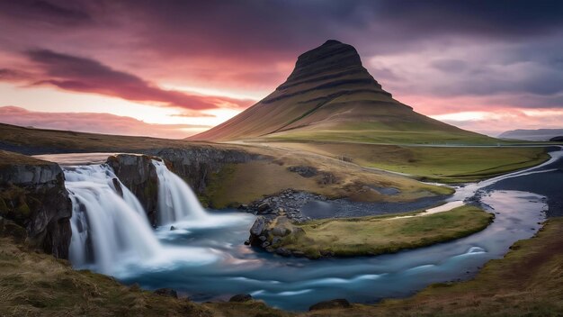 Foto impresionante fotografía de la famosa montaña kirkjufellsfoss y el río barnafoss en islandia