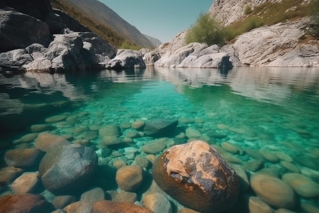 Impresionante fotografía de hermosas piedras bajo el agua turquesa de un lago y colinas en el fondo