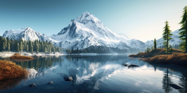 impresionante fotografía de un lago de montaña rodeado de picos nevados y bosques exuberantes