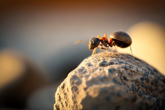 Impresionante fotografía macro de una hormiga en un terreno rocoso capturada en la naturaleza Generada por IA