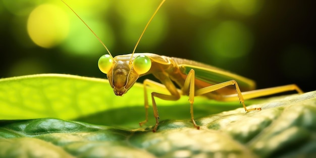 Impresionante fotografía macro que captura la quietud de una mantis religiosa sobre una hoja