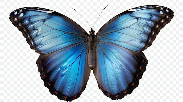 Una impresionante fotografía en primer plano de una mariposa morfo azul con sus vibrantes alas azules extendidas