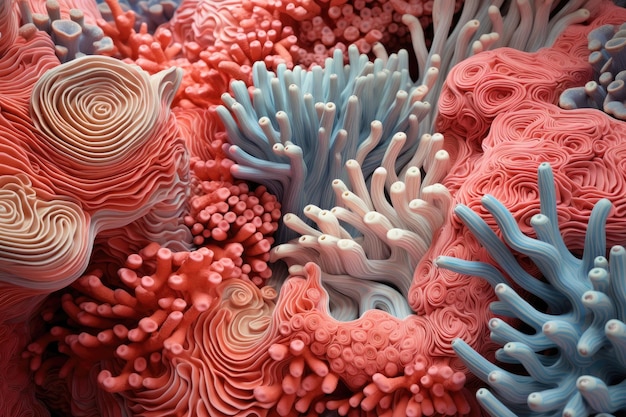 Una impresionante fotografía en primer plano que captura los detalles intrincados y los colores vibrantes de una hermosa formación de arrecife de coral bajo el agua. Una textura intrincada y compleja de un arrecife de coral generada por IA.