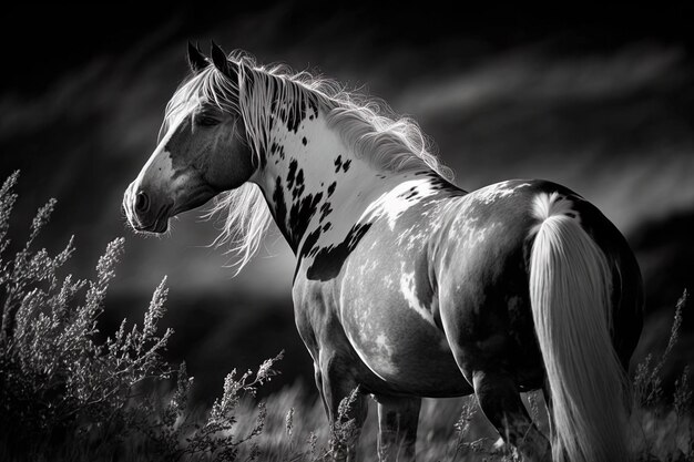 Impresionante fotografía vertical en blanco y negro de un caballo pastando