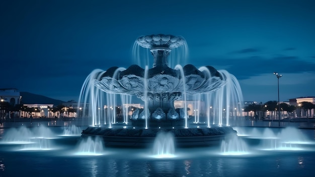 Impresionante fuente iluminada con movimiento y característica de agua por la noche