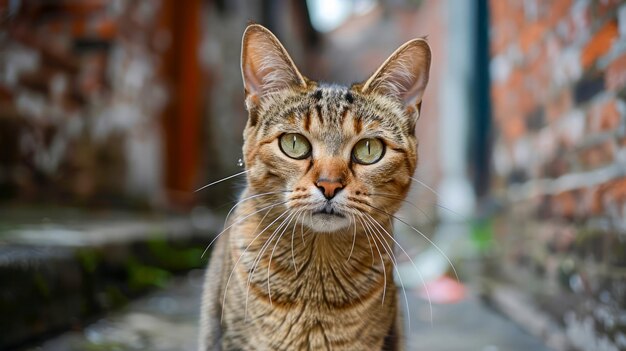 Impresionante gato tabby doméstico con ojos perforantes posando en un callejón urbano