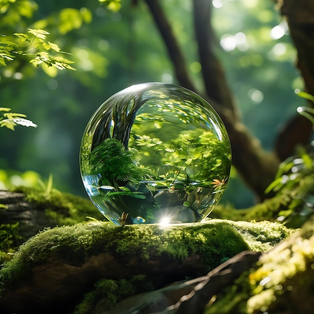 Un impresionante globo de cristal ubicado en un frondoso bosque verde