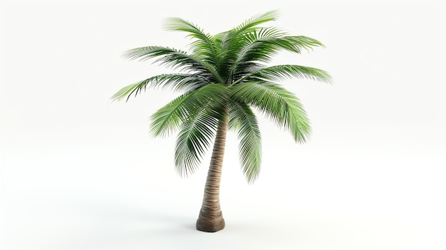 Un impresionante icono renderizado en 3D de una palmera que exuda una serena vibra tropical orgullosamente de pie contra un fondo blanco prístino perfecto para traer un toque de paraíso a sus diseños pr