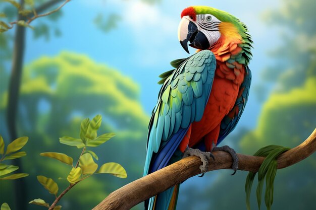 Foto impresionante ilustración en 3d de un hermoso guacamayo verde azul en un árbol