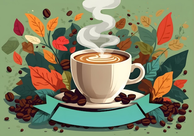 impresionante ilustración de fondo de una humeante taza de café rodeada de exuberantes granos de café