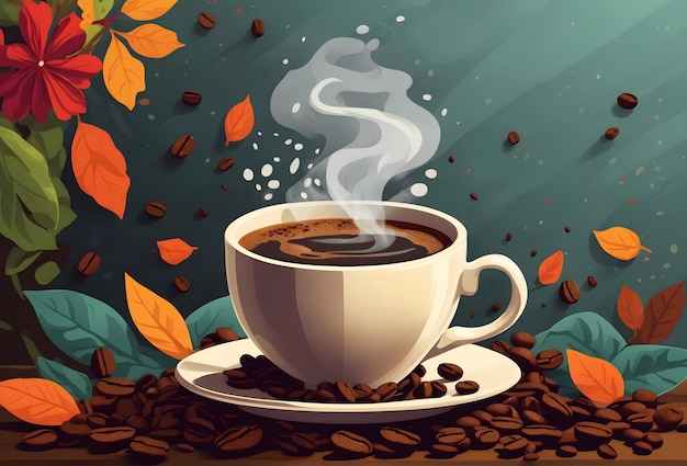 impresionante ilustración de fondo de una humeante taza de café rodeada de exuberantes granos de café
