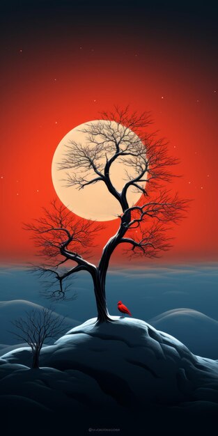 Impresionante ilustración de la puesta de sol árbol solitario cielo nocturno oscuro y cardenal
