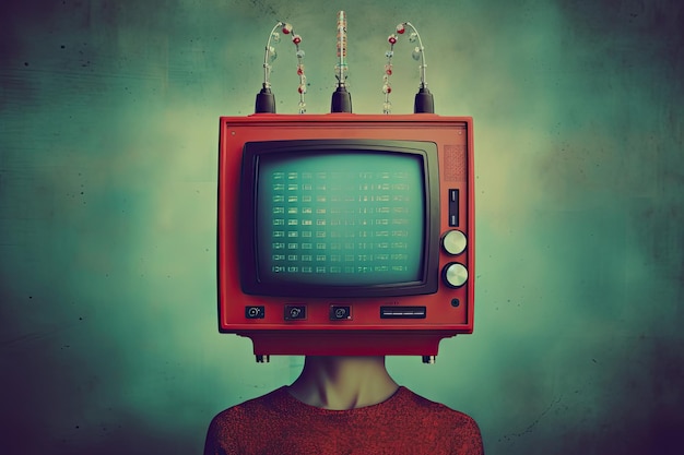 Impresionante ilustración de un televisor con un hombre en la cabeza al estilo del retrofuturismo colores melancólicos cian oscuro y rojo IA generativa