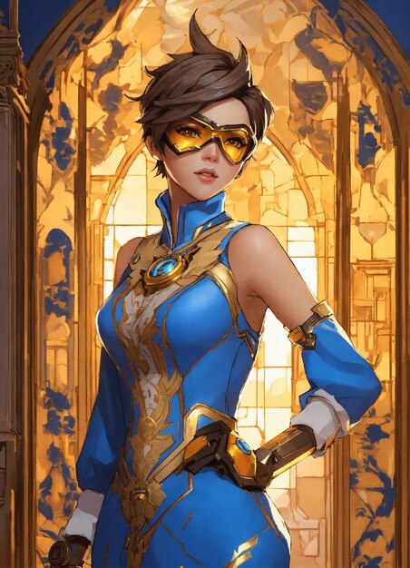 Foto impresionante ilustración de tracer de overwatch en un impresionante y intrincado vestido azul y dorado