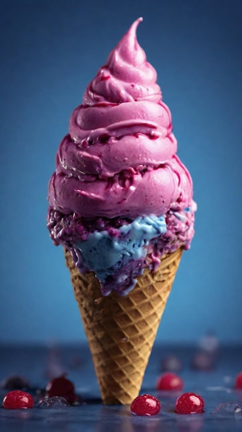 Una impresionante imagen en 4K de un cono de helado con sabor a arándanos