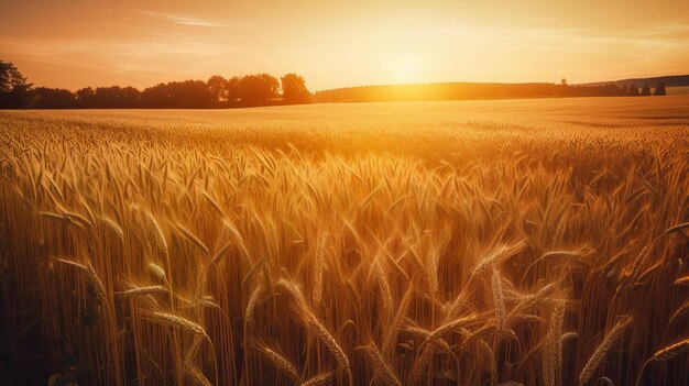 Impresionante imagen de un campo de trigo durante la puesta de sol