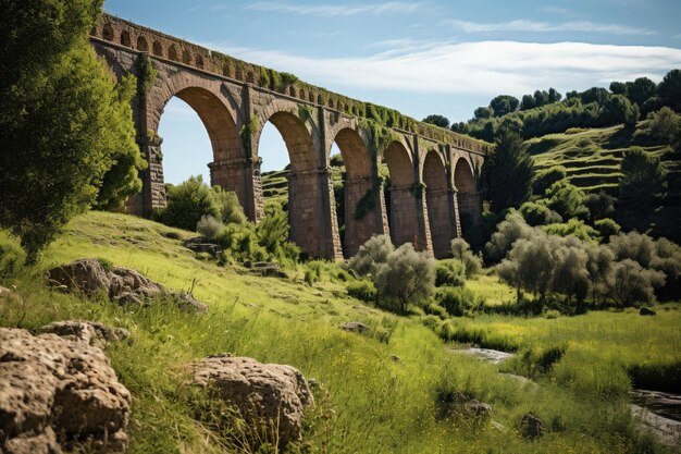 Esta impresionante imagen captura la belleza de un gran puente de piedra que se extiende sobre un exuberante campo verde. Un antiguo acueducto en un paisaje exuberante. Generado por IA.