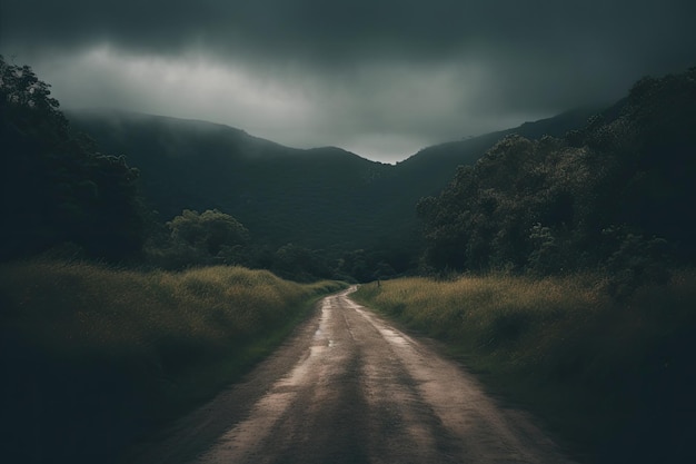 Impresionante imagen de una carretera frente a las montañas con un cielo oscuro