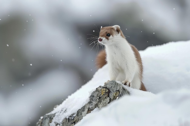 Una impresionante imagen de un estornino con su abrigo blanco de invierno de pie alerta en un paisaje nevado