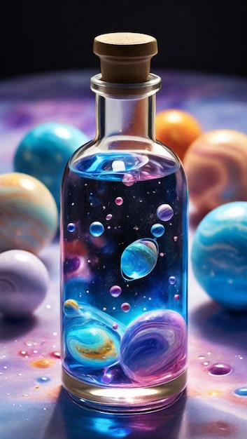 Foto impresionante imagen fotorrealista de los planetas del sistema solar alrededor del sol en una botella de frasco
