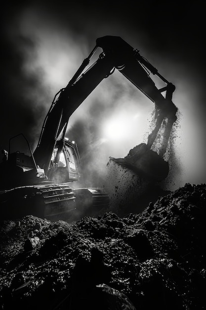 Foto una impresionante imagen monocromática de una excavadora que trabaja dentro de una caverna débilmente iluminada