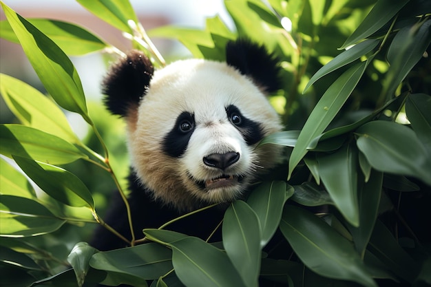 Impresionante imagen de un panda rodeado de exuberante vegetación con mucho espacio para el texto