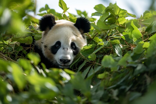 Impresionante imagen de un panda rodeado de exuberante vegetación con mucho espacio para el texto