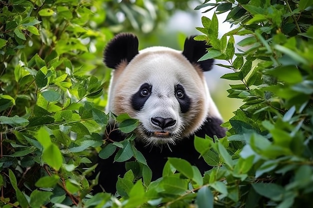 La impresionante imagen de un panda sereno en medio de la exuberante vegetación ofrece un amplio espacio para el texto