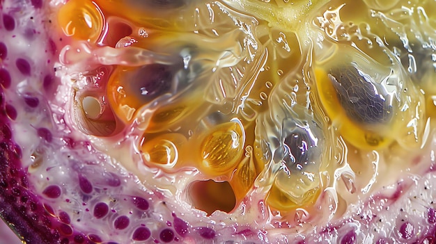 Foto impresionante imagen en primer plano de una fruta de la pasión la jugosa pulpa y las semillas son visibles con gran detalle creando una imagen visualmente atractiva y única