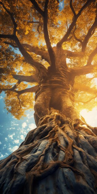 Impresionante imagen en UHD de un tronco de árbol con raíces del cielo