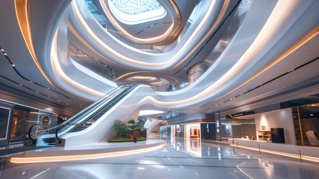 Impresionante interior de un edificio futurista moderno generativo de IA