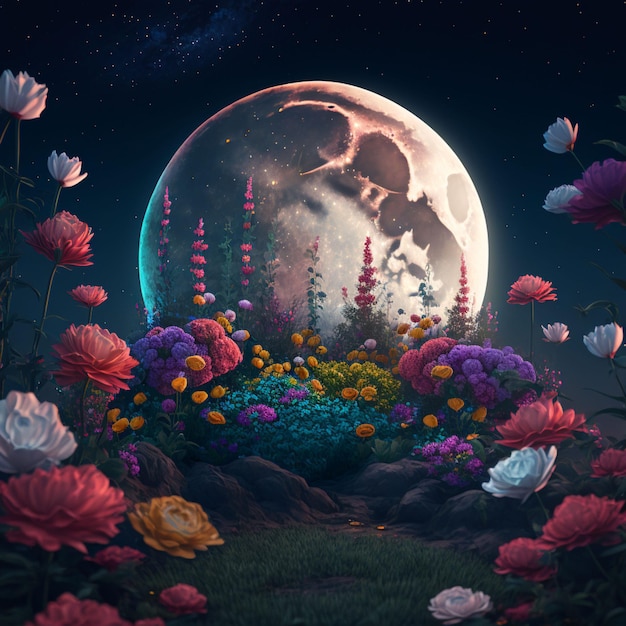 Impresionante jardín de flores con fondo de ilustración de luna