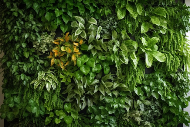 Impresionante jardín vertical interior con plantas verdes vibrantes que adornan una pared alta en un eco contemporáneo