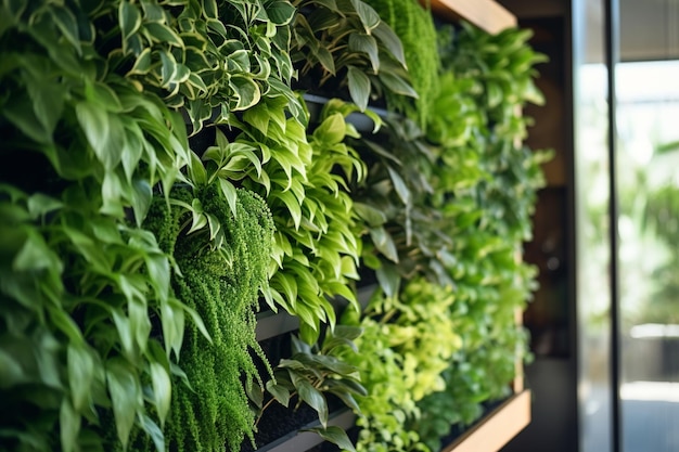 Impresionante jardín vertical interior con plantas verdes vibrantes que adornan una pared alta en un eco contemporáneo