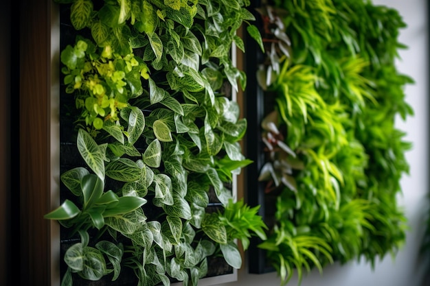 Impresionante jardín vertical interior con plantas verdes vibrantes que adornan una pared alta en un eco contemporáneo