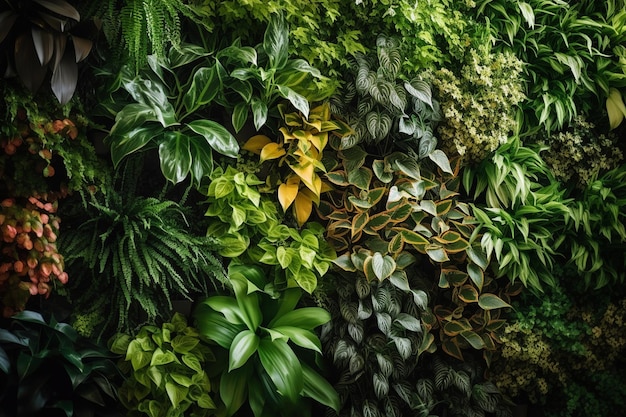 Impresionante jardín vertical interior con plantas verdes vibrantes que adornan una pared alta en un eco contemporáneo