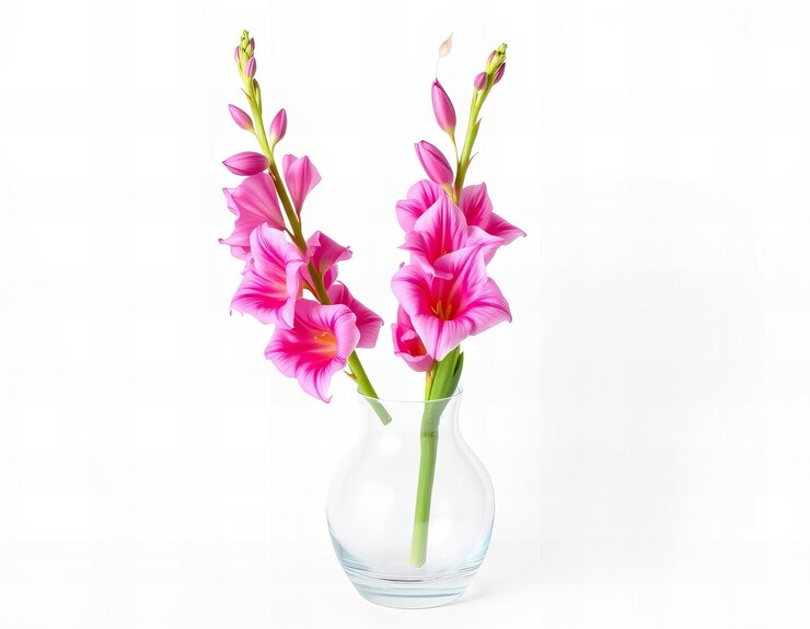 Foto impresionante jarrón de flores de gladiolus sobre un fondo blanco