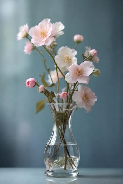 Impresionante jarrón de vidrio con hermosas flores aisladas en fondo de color
