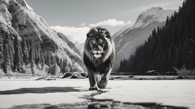 Foto impresionante león blanco y negro caminando por la nieve