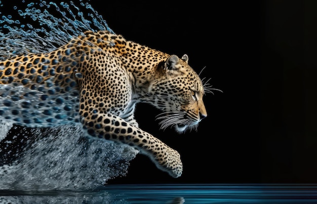 Impresionante leopardo en movimiento atravesando el agua sobre fondo negro IA generativa