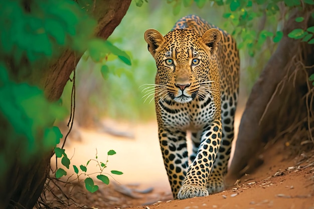 Impresionante leopardo que se acerca a lo largo de la carretera IA generativa