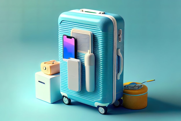 Impresionante maleta de viaje con teléfono inteligente y accesorios de viaje en el concepto de viaje de fondo azul