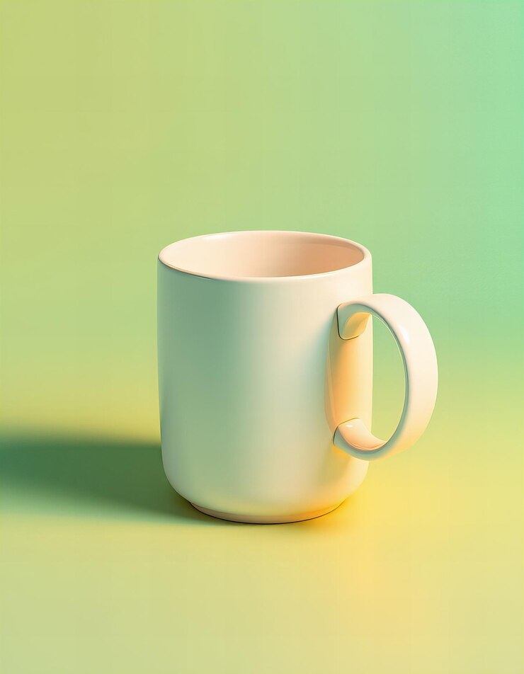 Impresionante maqueta de fotografía de producto de una taza blanca brillante sin manijas contra un fondo sólido