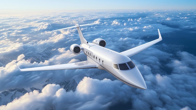 Foto una impresionante maqueta de un jet privado de lujo volando a través de las nubes destacando su diseño elegante y elegante este avión exclusivo representa perfectamente la opulencia y la sofisticación de la invención
