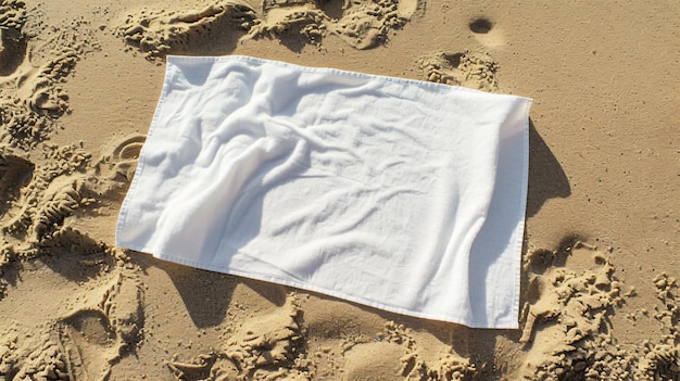 Foto una impresionante maqueta de toalla de playa en blanco expuesta en la arena suave que muestra su generoso tamaño y calidad de tela de primera calidad perfecta para diseños personalizados esta maqueta es imprescindible para cualquier playa